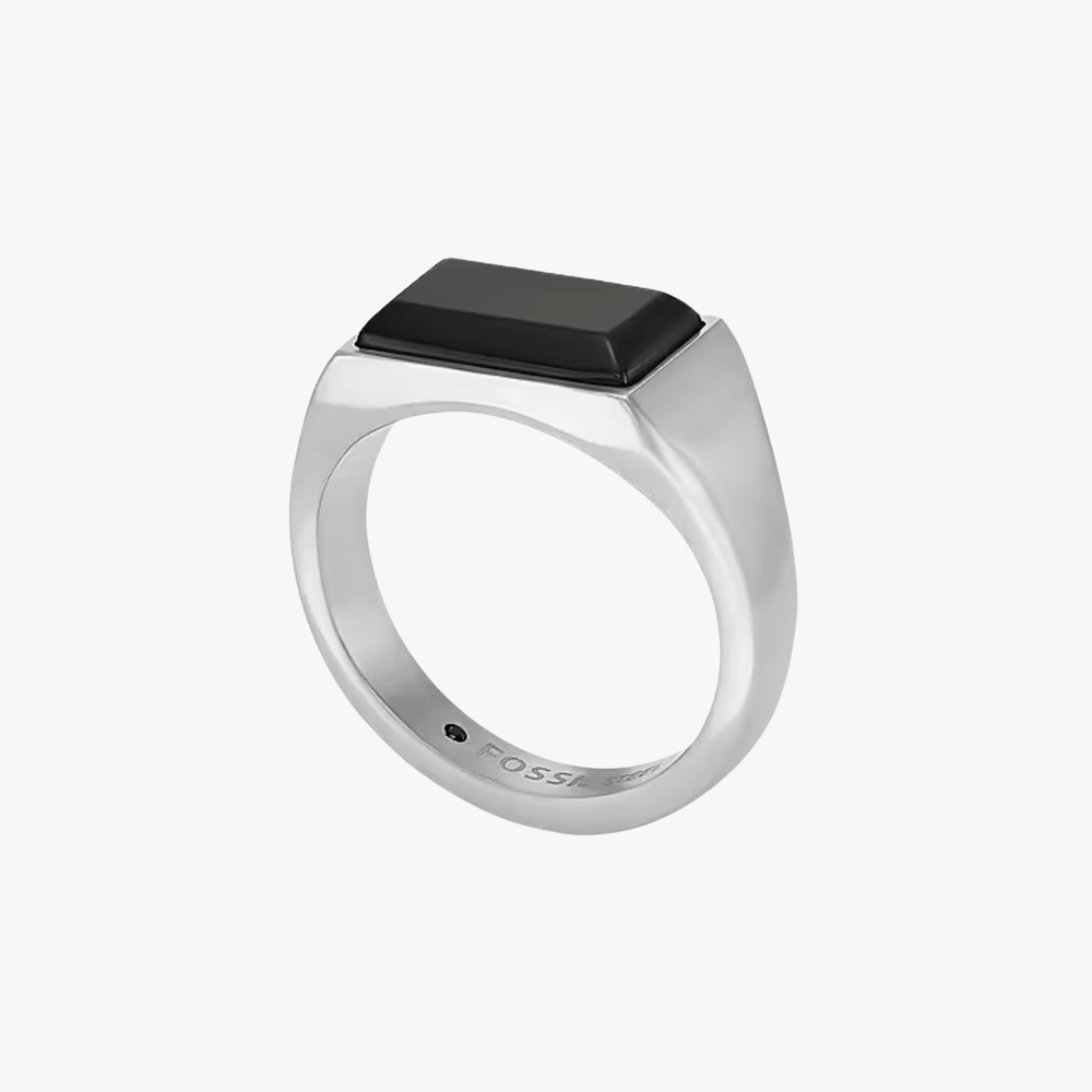 Fossil Men's Silver & Black Ring, Black Agate Signet | JF04603040510