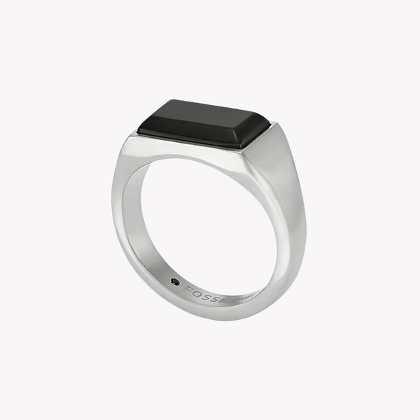 Fossil Men's Silver & Black Ring, Black Agate Signet | JF04603040510