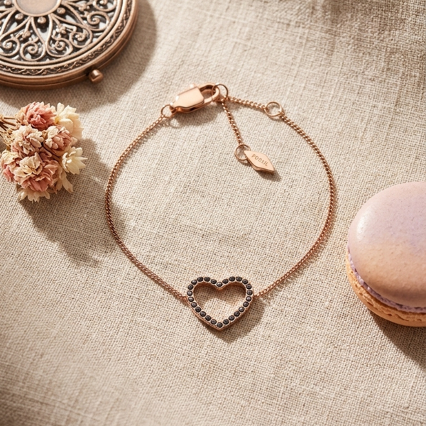 Fossil Women's Rose Gold-Tone Bracelet, Open Heart & Crystals | JF03257791