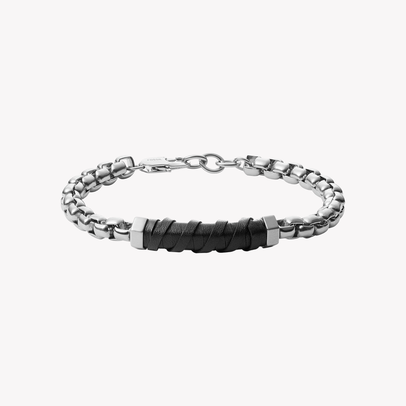 Fossil Men's Silver & Black Bracelet, Black Leather Accents | JF03631040