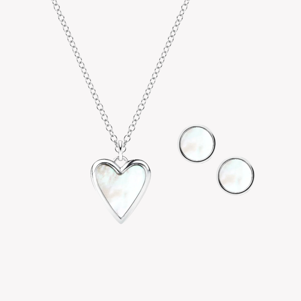 Fossil Women's Silver Necklace, Heart White Mother-of-Pearl Studs and Necklace Box Set | JF03165040