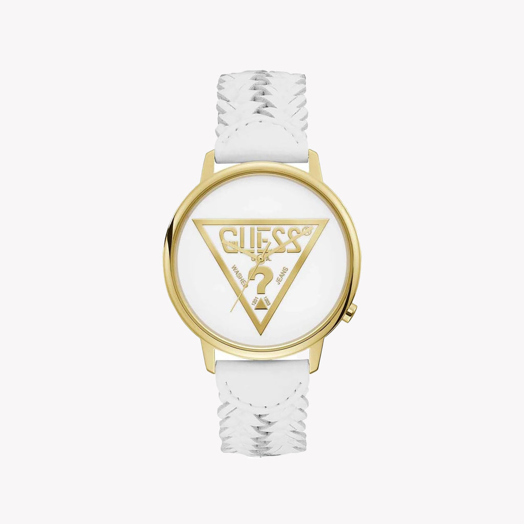 GUESS Women's Gold/White Leather Watch | V1001M4