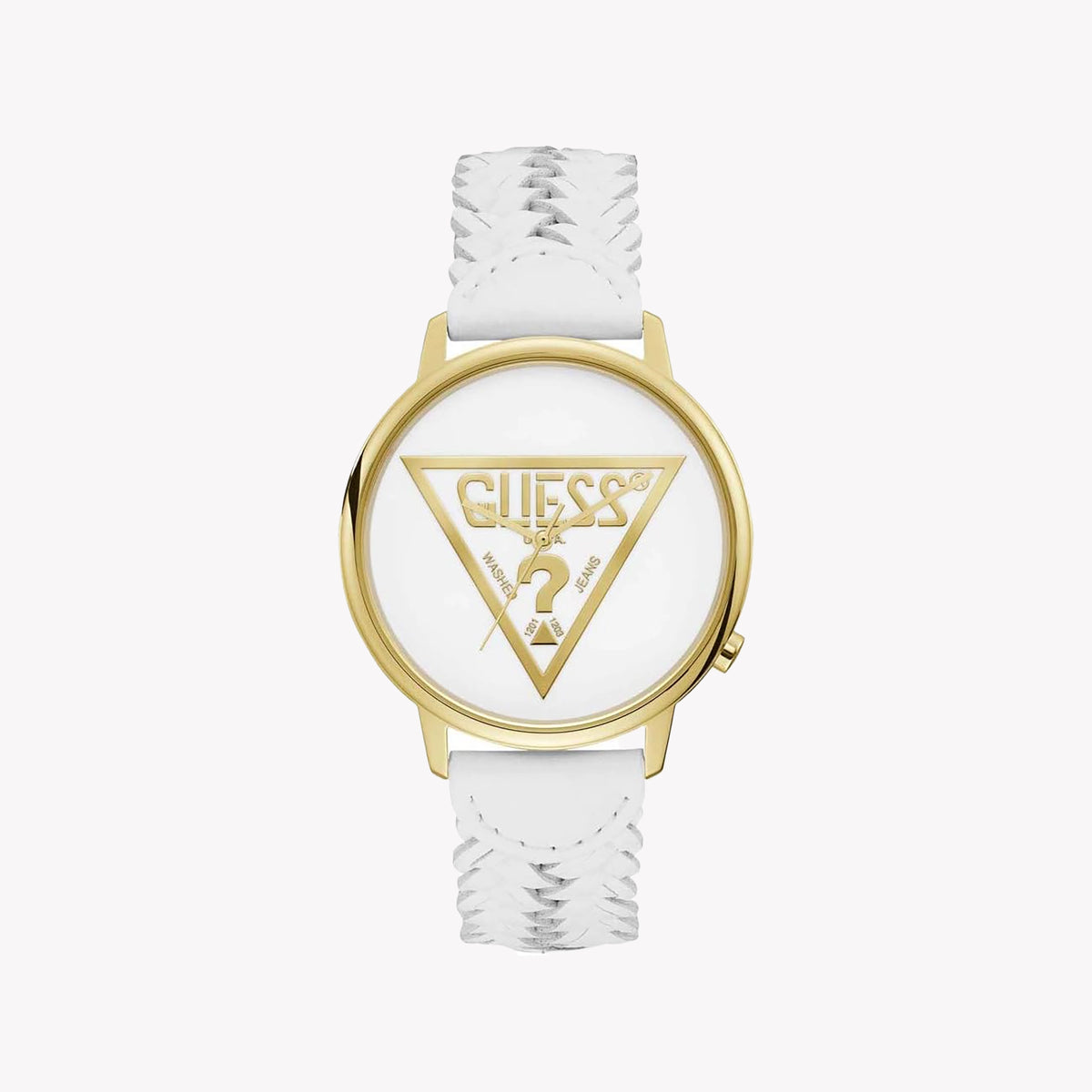 GUESS Women's Gold/White Leather Watch | V1001M4