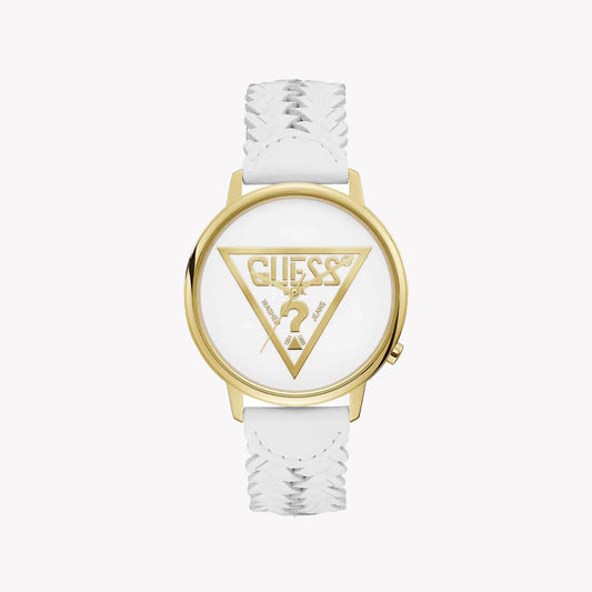 GUESS Women's Gold/White Leather Watch | V1001M4