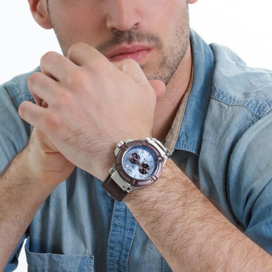 Guess Men's Brown Leather & Blue Dial Watch | W0040g10