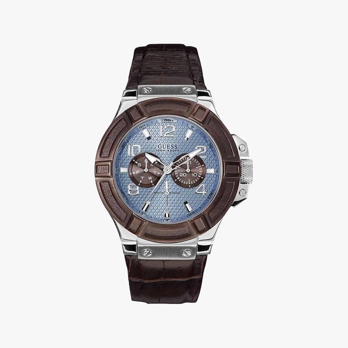 Guess Men's Brown Leather & Blue Dial Watch | W0040g10