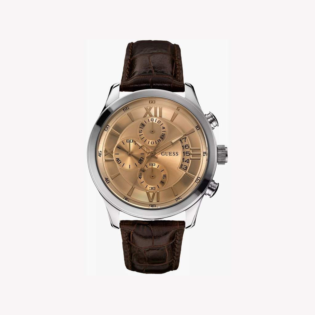 Guess Men's Silver/Brown, Stainless/Leather | W0192g1