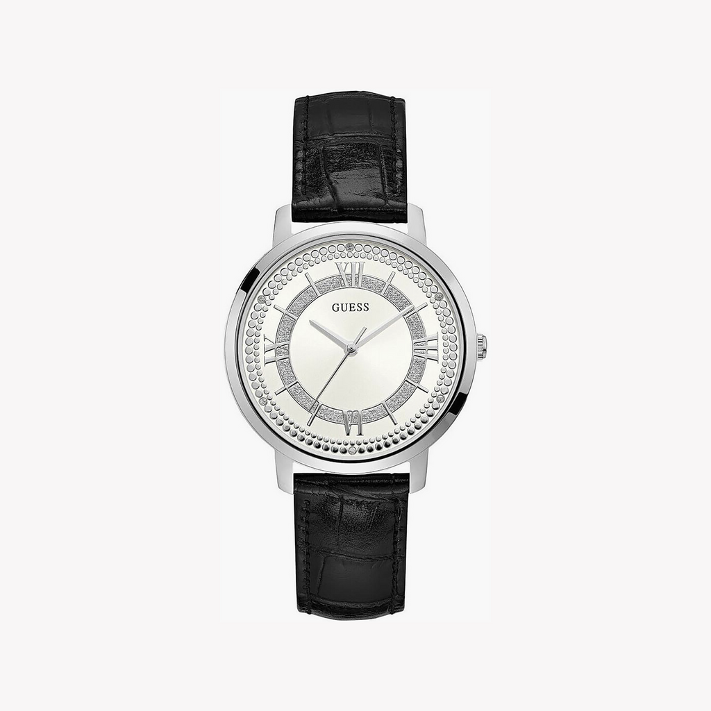 Guess Women's Silver/Black Leather Watch | W0934l2