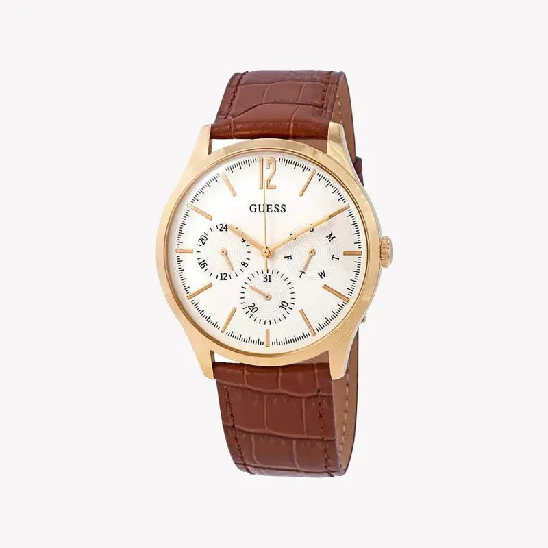 Guess Men's Gold Watch, White Dial, Brown Leather Band | W1041g2