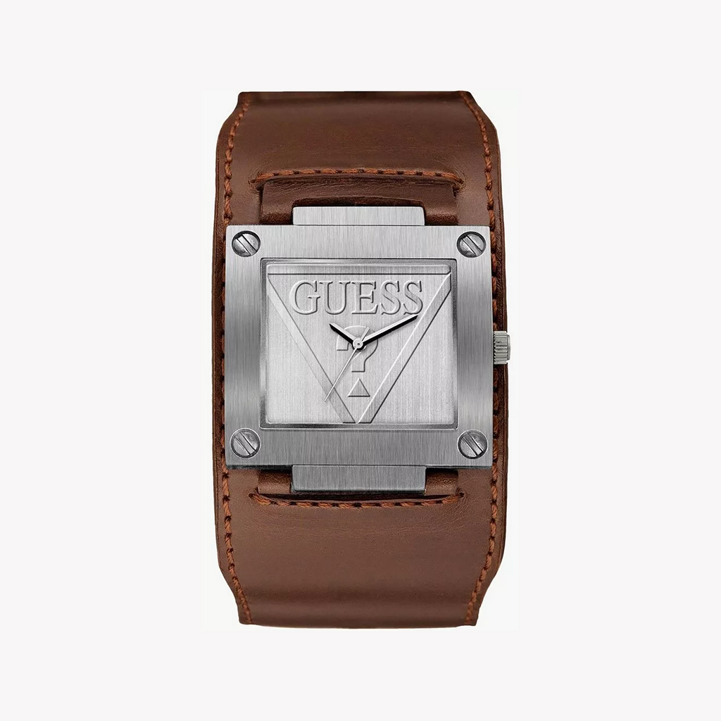 Guess Men's Silver, Brown Leather Watch | W1166g1