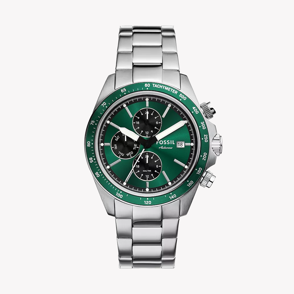 FOSSIL Men's Silver Stainless Steel Watch, Green Dial | FS6127