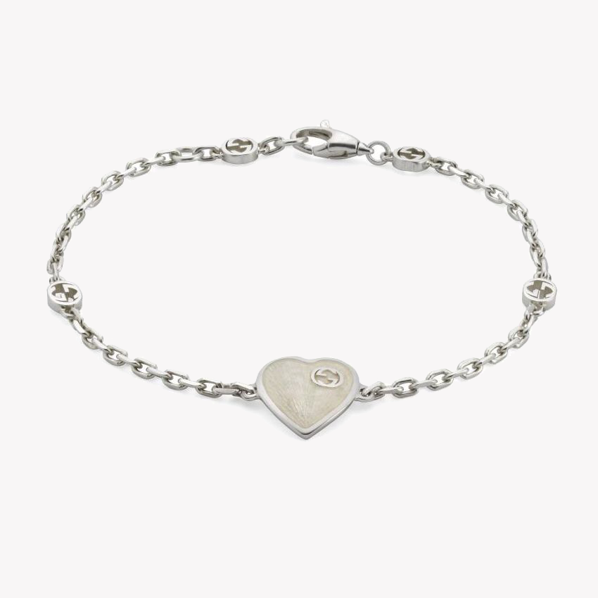 Gucci Interlocking White Enamel Heart Sterling Silver Bracelet | YBA645546003 by i-watch