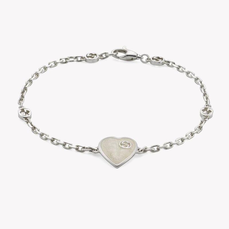 Gucci Interlocking White Enamel Heart Sterling Silver Bracelet | YBA645546003 by i-watch