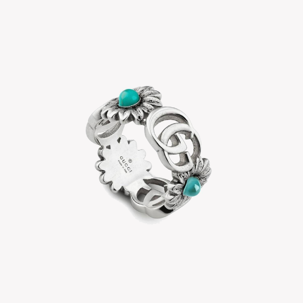 GG Marmont Silver Turquoise Flower Ring | YBC527394001