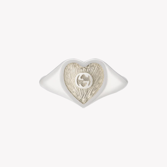Gucci Interlocking G White Enamel Heart Sterling Silver Ring | YBC645544003