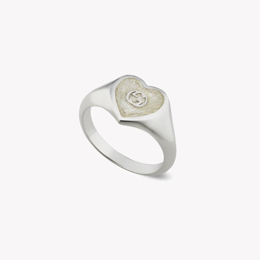 Gucci Interlocking G White Enamel Heart Sterling Silver Ring | YBC645544003 by i-watch