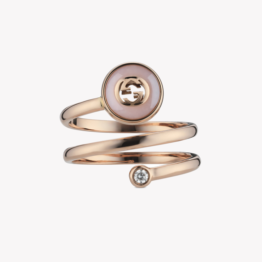 Gucci Interlocking G 18ct Rose Gold Diamond & Pink Opal Spiral Ring | YBC831906001