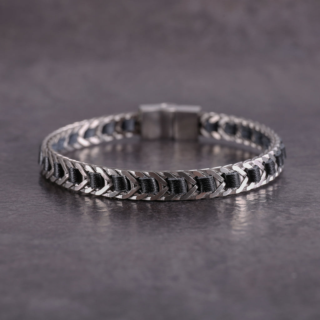 Zink Men's Black & Silver Leather & Stainless Steel Bracelet | Zjbc0373