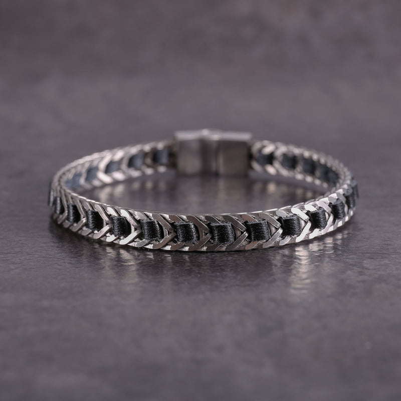 Zink Men's Black & Silver Leather & Stainless Steel Bracelet | Zjbc0373