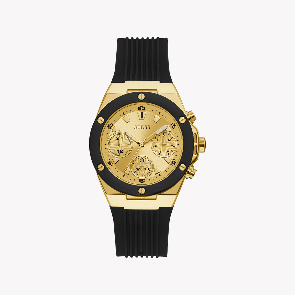 GUESS GW0030L2 ELEGANT ALLURE - WOMEN'S GOLD-ACCENTED TIMEPIECE WITH BLACK SILICONE BAND