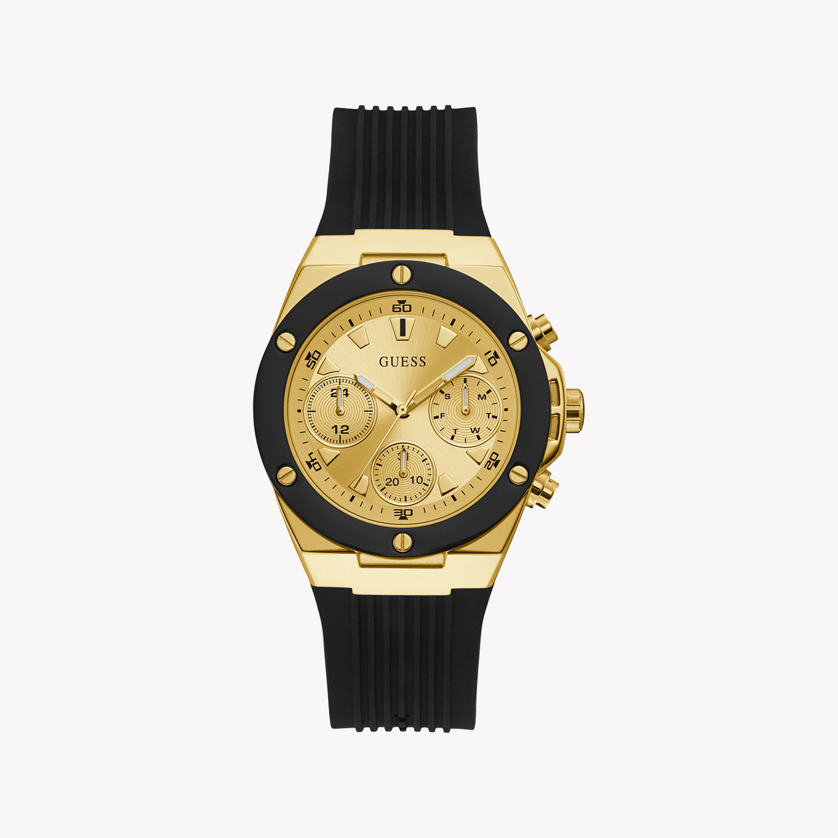 GUESS GW0030L2 ELEGANT ALLURE - WOMEN'S GOLD-ACCENTED TIMEPIECE WITH BLACK SILICONE BAND