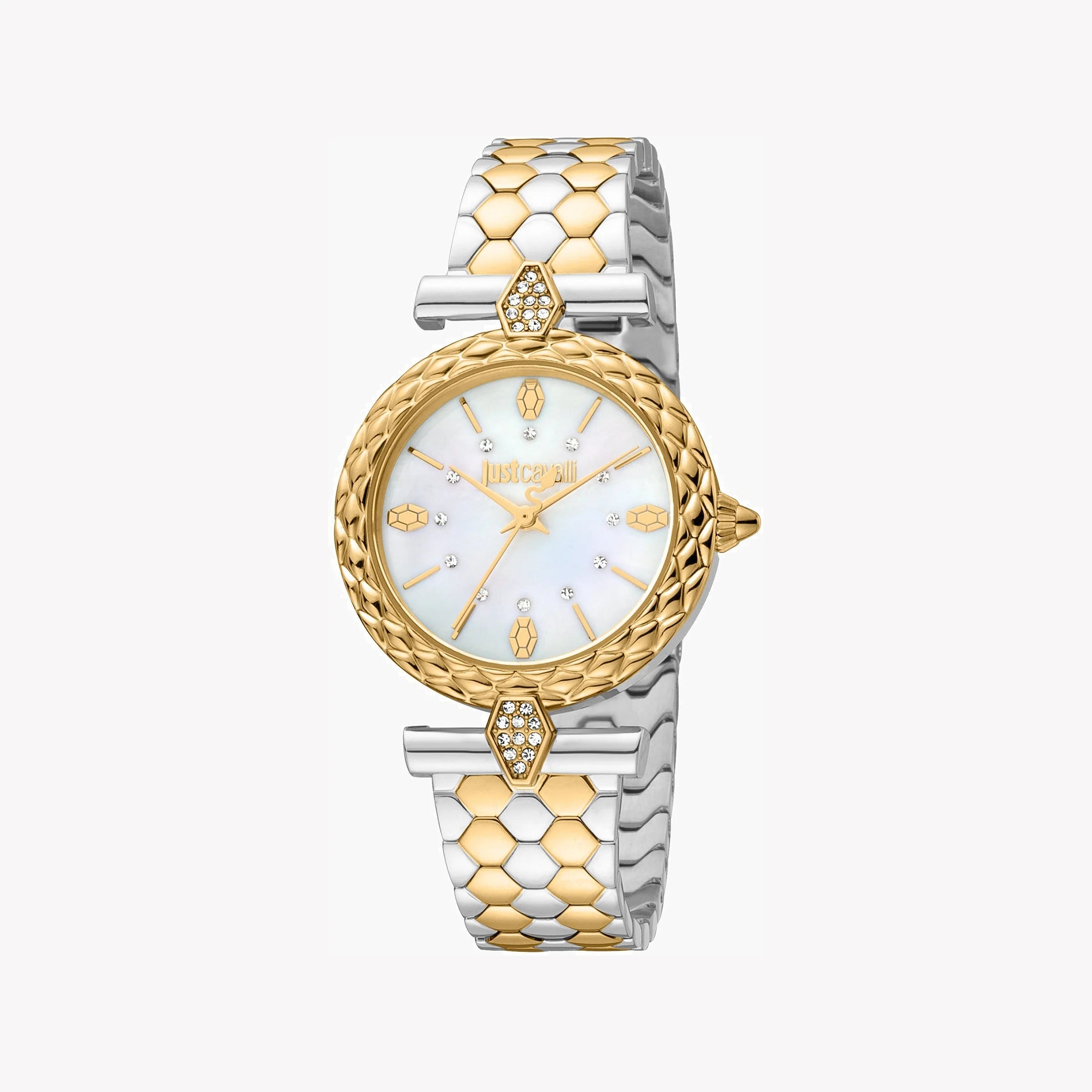 JUST CAVALLI Women's Watch with Silver & Rose Gold Stainless Steel Case and Silver & Gold Stainless Steel Band