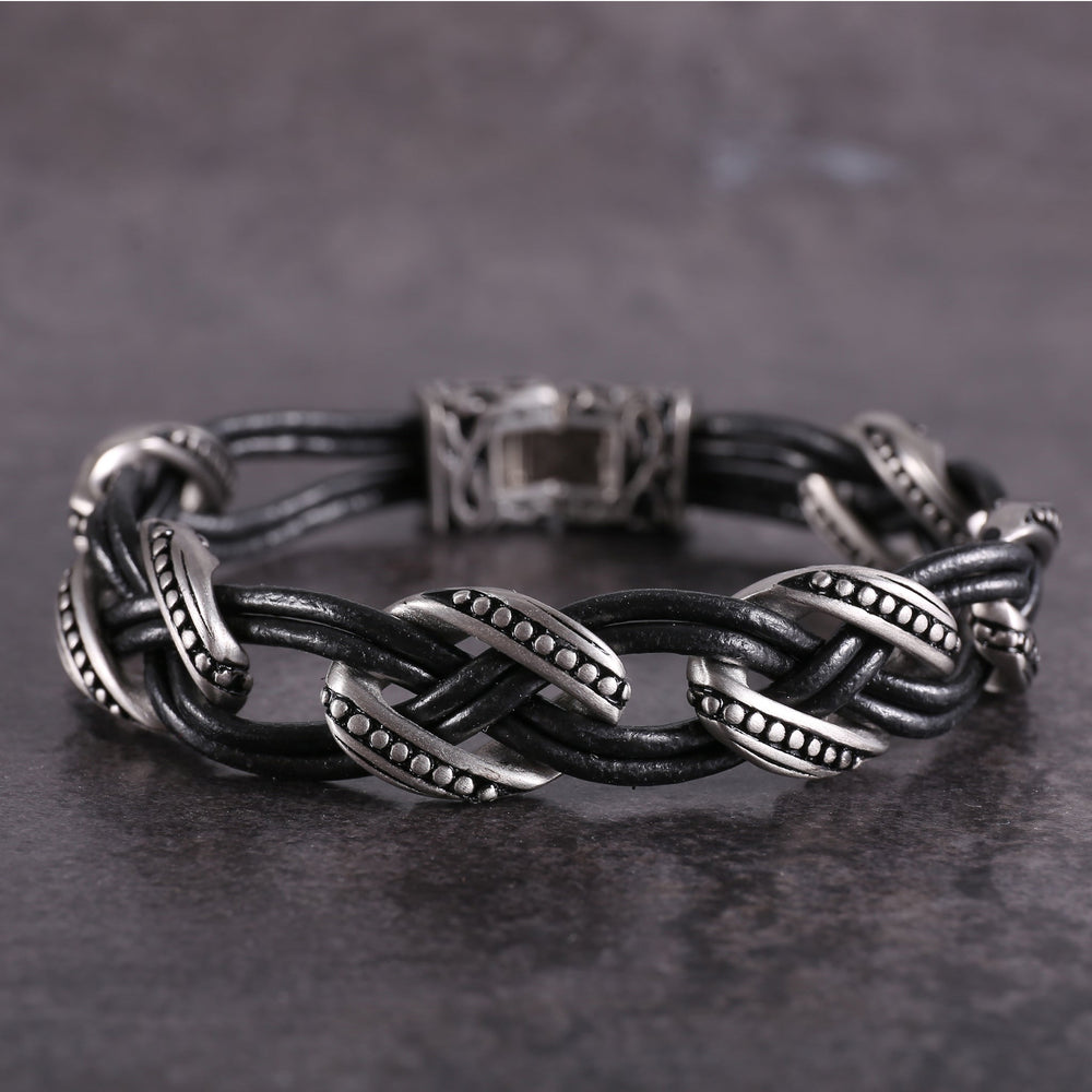 Zink Men's Black & Silver Stainless Steel & Leather Bracelet | Zjbc0383