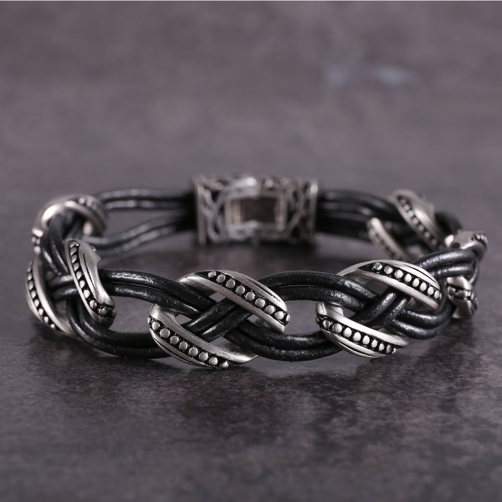 Zink Men's Black & Silver Stainless Steel & Leather Bracelet | Zjbc0383