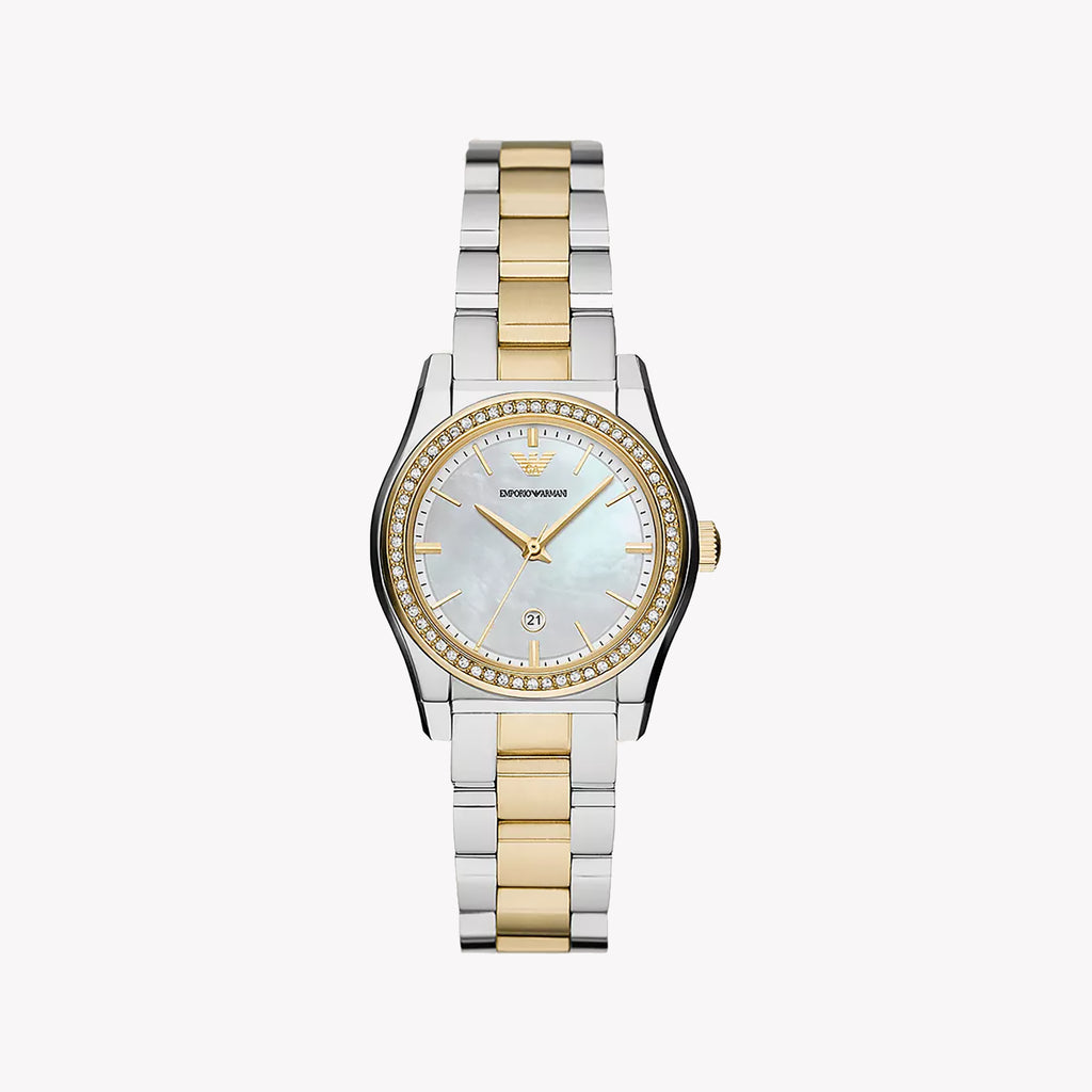 EMPORIO ARMANI AR11559 - CHIC SOPHISTICATION IN SILVER & GOLD Women's Watch with Elegant White Dial
