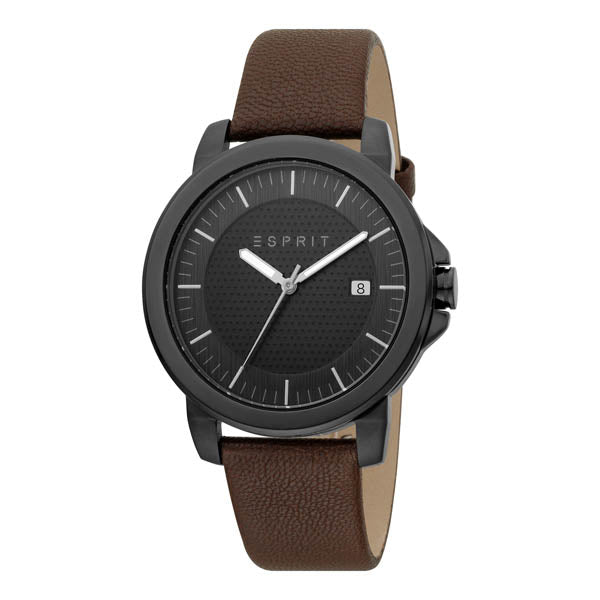 ESPRIT MEN'S ELEGANCE - BROWN LEATHER & BLACK DIAL STAINLESS STEEL WATCH