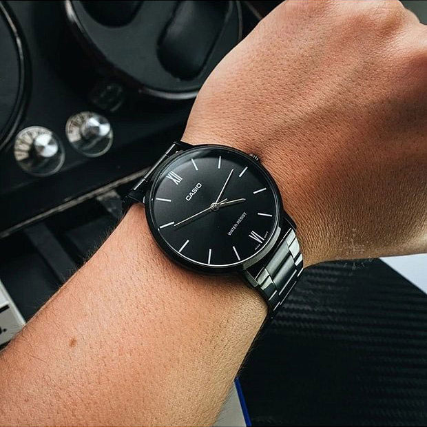 Casio Men's Black Stainless Steel Watch, Black Dial | Mtp-Vt01b-1b by i-watch