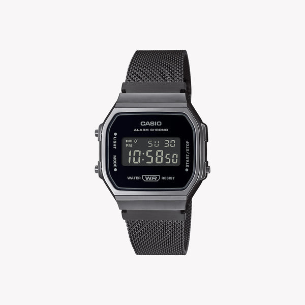 CASIO A168WEMB-1B DYNAMIC SPORTY DIGITAL - ULTIMATE FUNCTIONALITY & STYLE Unisex Watch with black ion-plated band and vibrant illumination