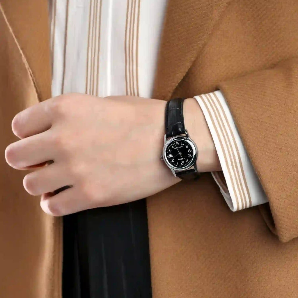 CASIO Women's Watch with Silver Stainless Steel Case and Black Leather Band-i-Watch-4