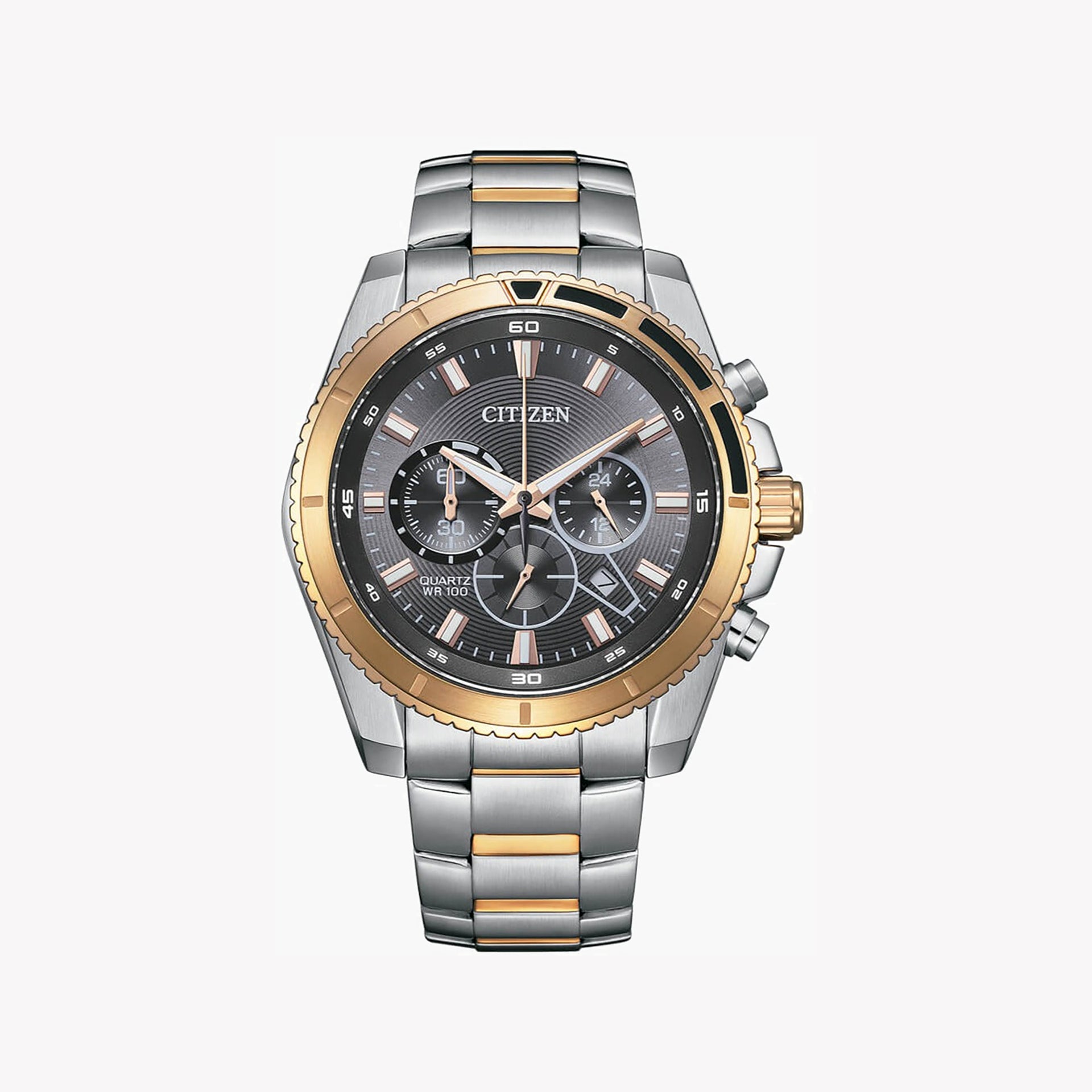 Citizen Men's Silver & Gold Stainless Steel Watch, Black Dial