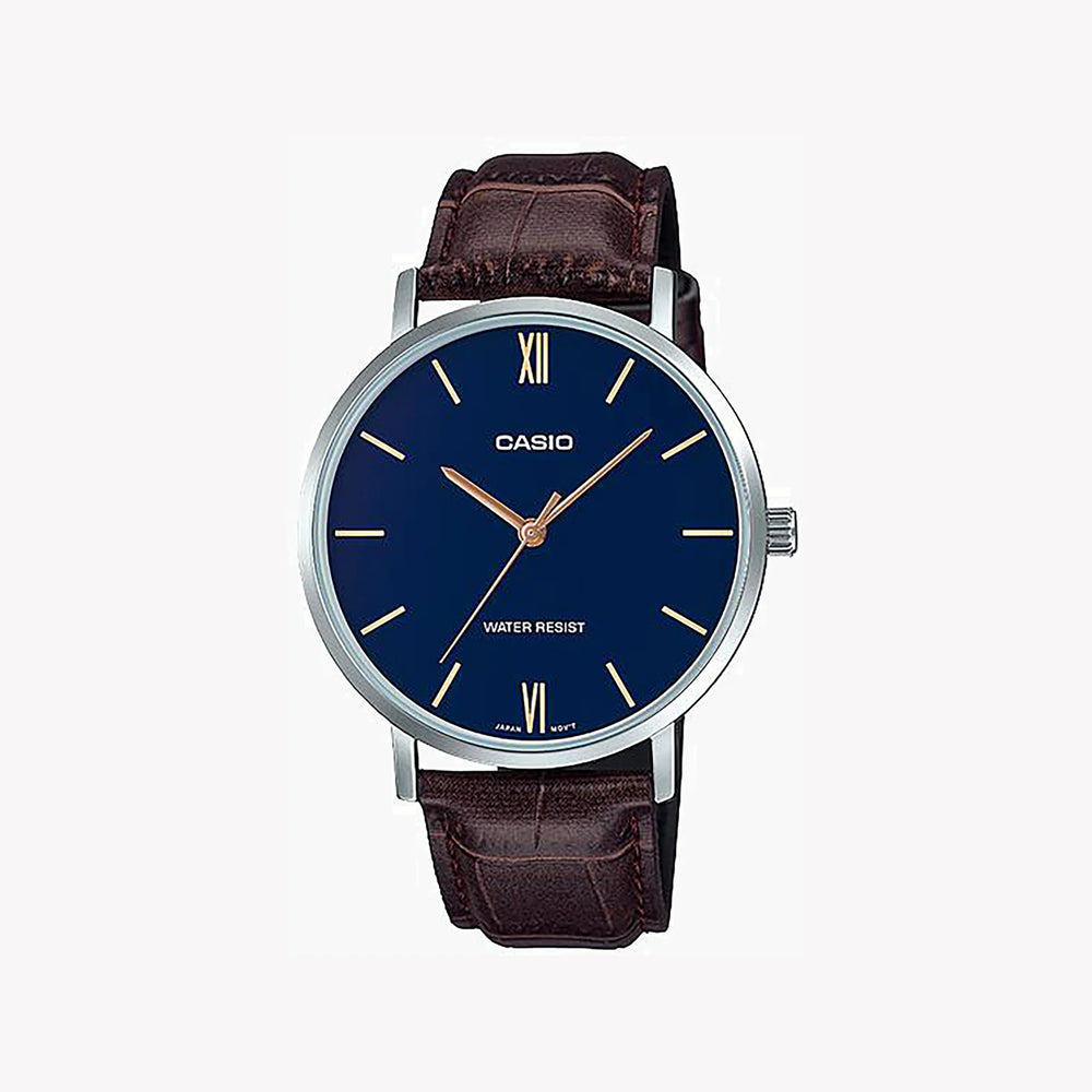 Casio Men's Blue Dial Watch, Brown Leather Band | Mtp-Vt01l-2b by i-watch
