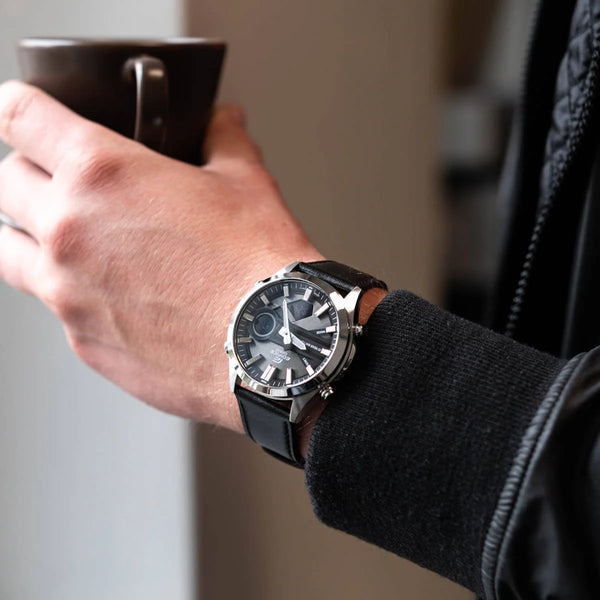Edifice Men's Silver Stainless Steel, Black Leather | Efv-C120l-8aef by i-watch