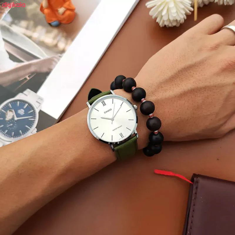 Casio Men's Green Leather Watch, Silver Dial | Mtp-Vt01l-3b by i-watch