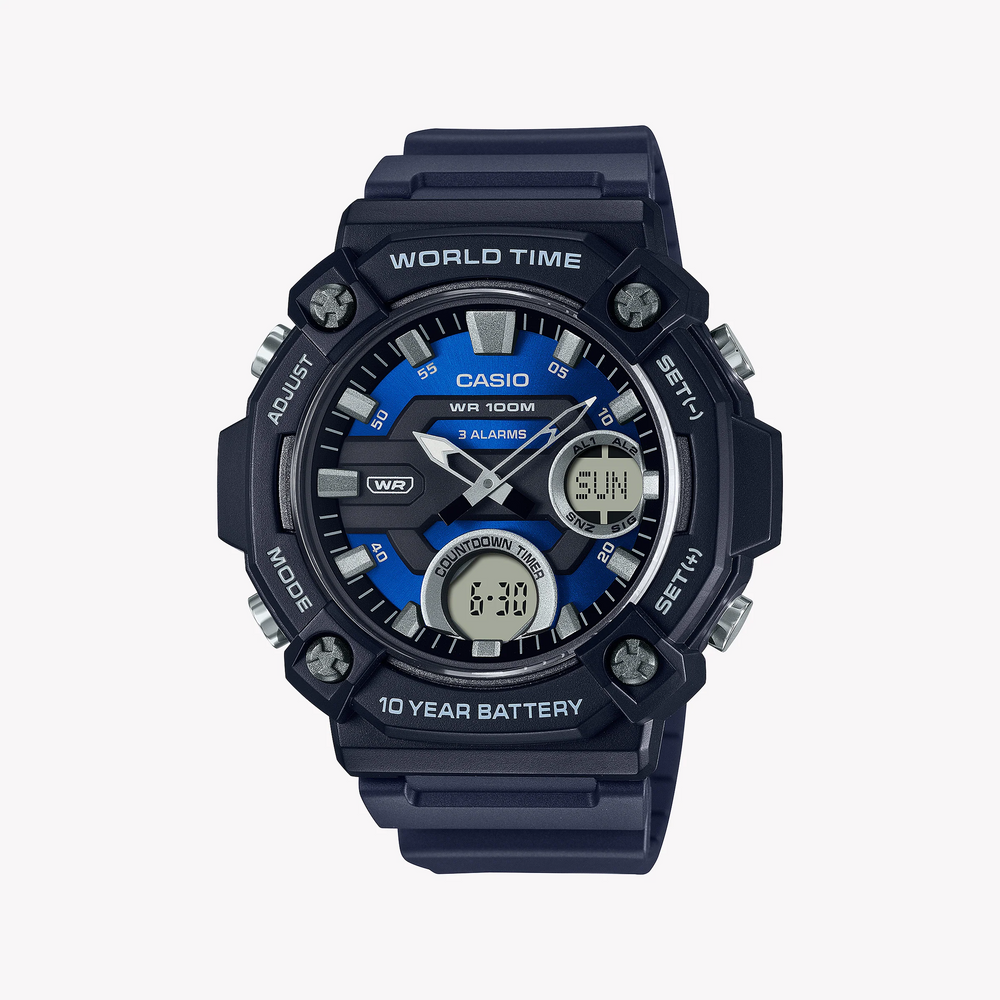 Casio Men's Black Resin Watch, Blue Dial | Aeq-120w-2av by i-watch
