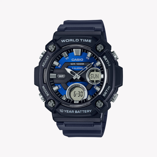 Casio Men's Black Resin Watch, Blue Dial | Aeq-120w-2av by i-watch