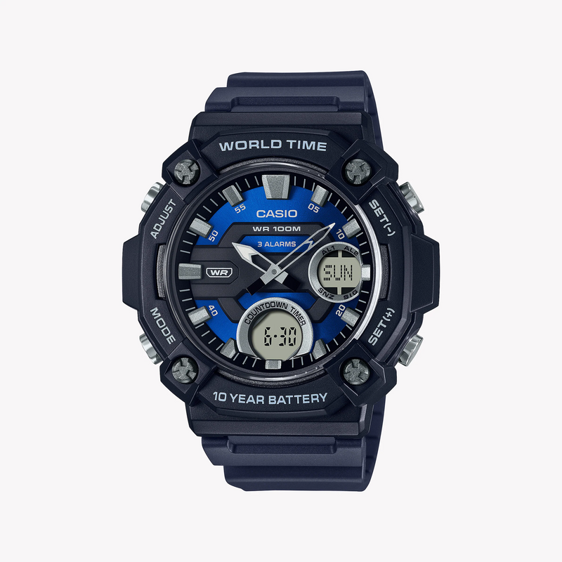 Casio Men's Black Resin Watch, Blue Dial | Aeq-120w-2av by i-watch