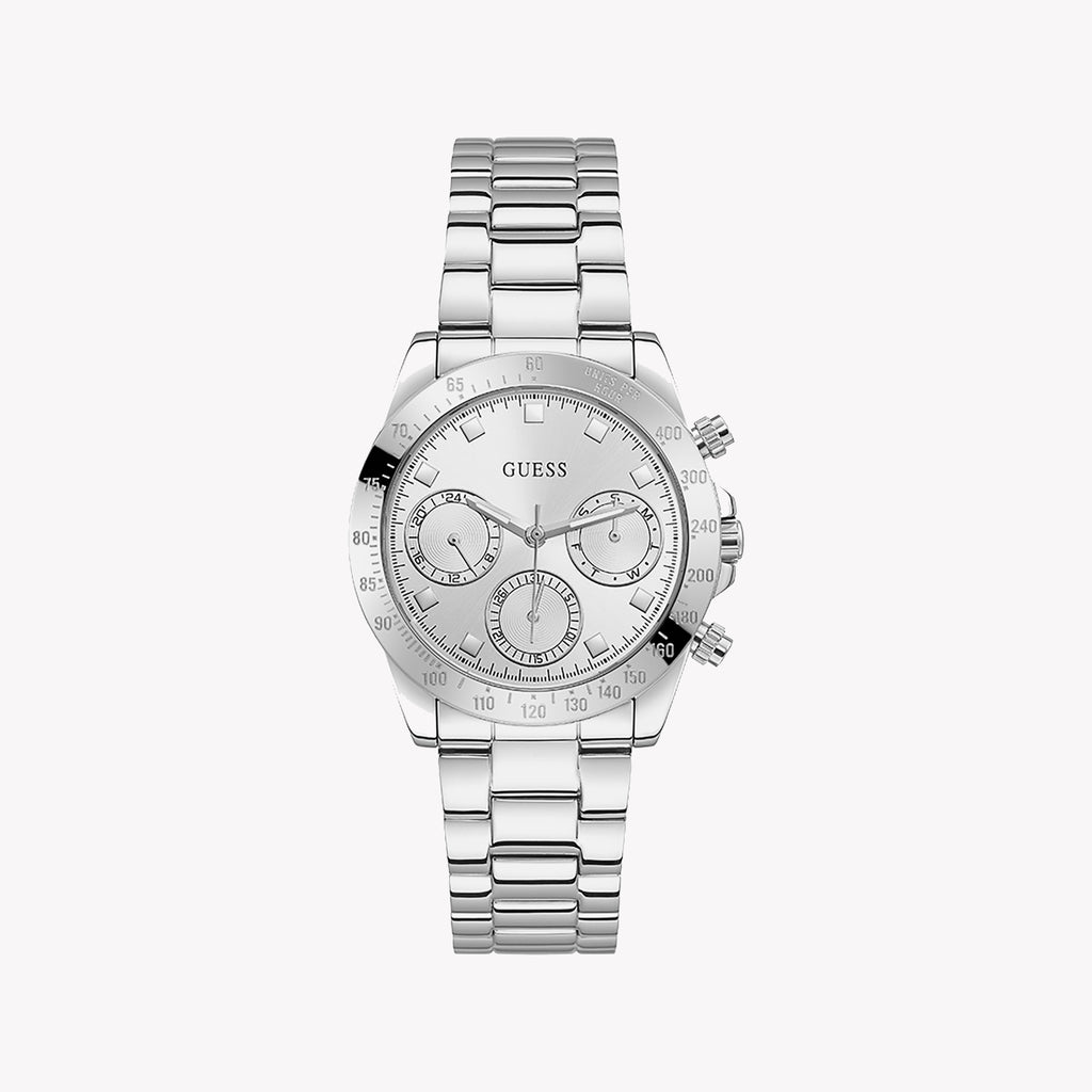 GUESS GW0314L1 - STYLISH TIMEKEEPER: ELEGANT SILVER WOMEN'S WATCH WITH WHITE DIAL & WATER RESISTANCE