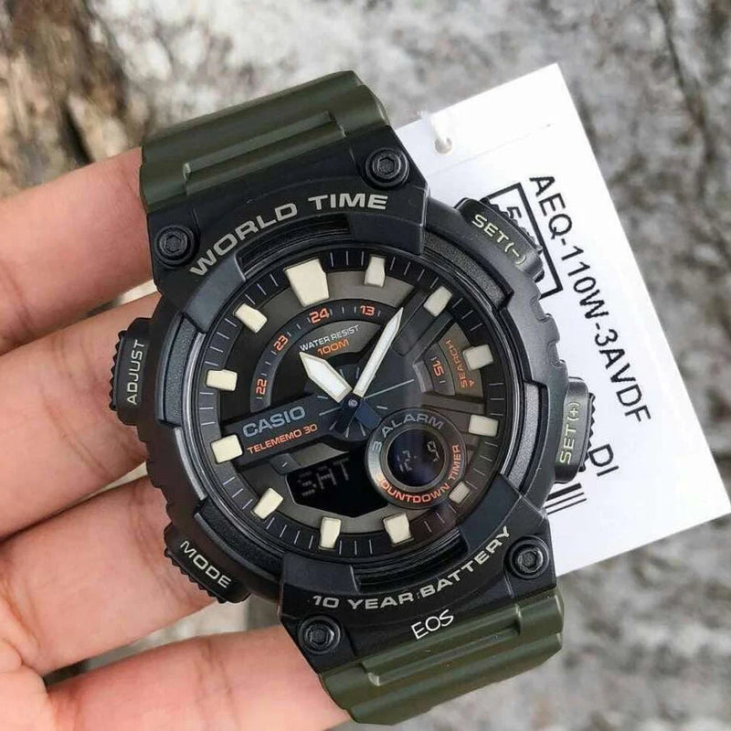 Casio Aeq-110w-3avdf - Sporty Adventurer Men's Watch With Bold Black Case & Green Band by i-watch
