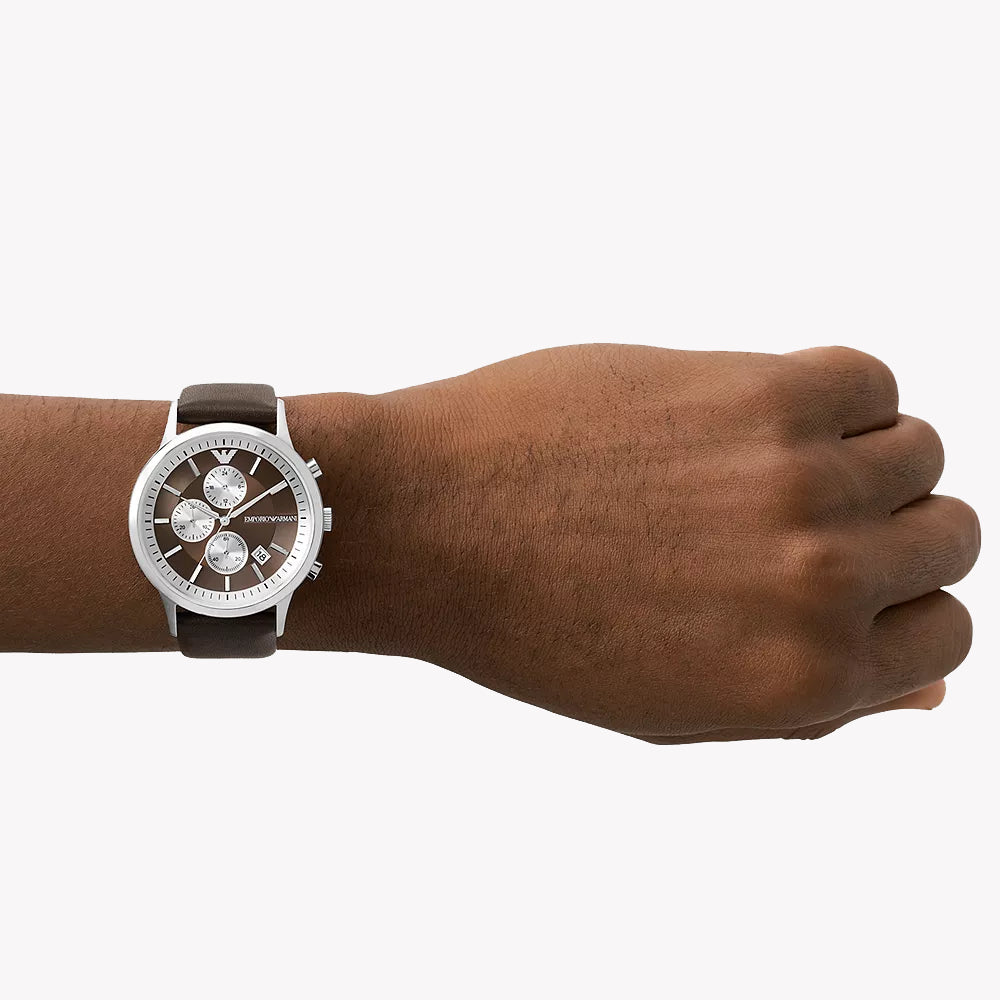 EMPORIO ARMANI AR11490 - MODERN ELEGANCE MEN'S WATCH IN SILVER & BROWN LEATHER-i-Watch-4