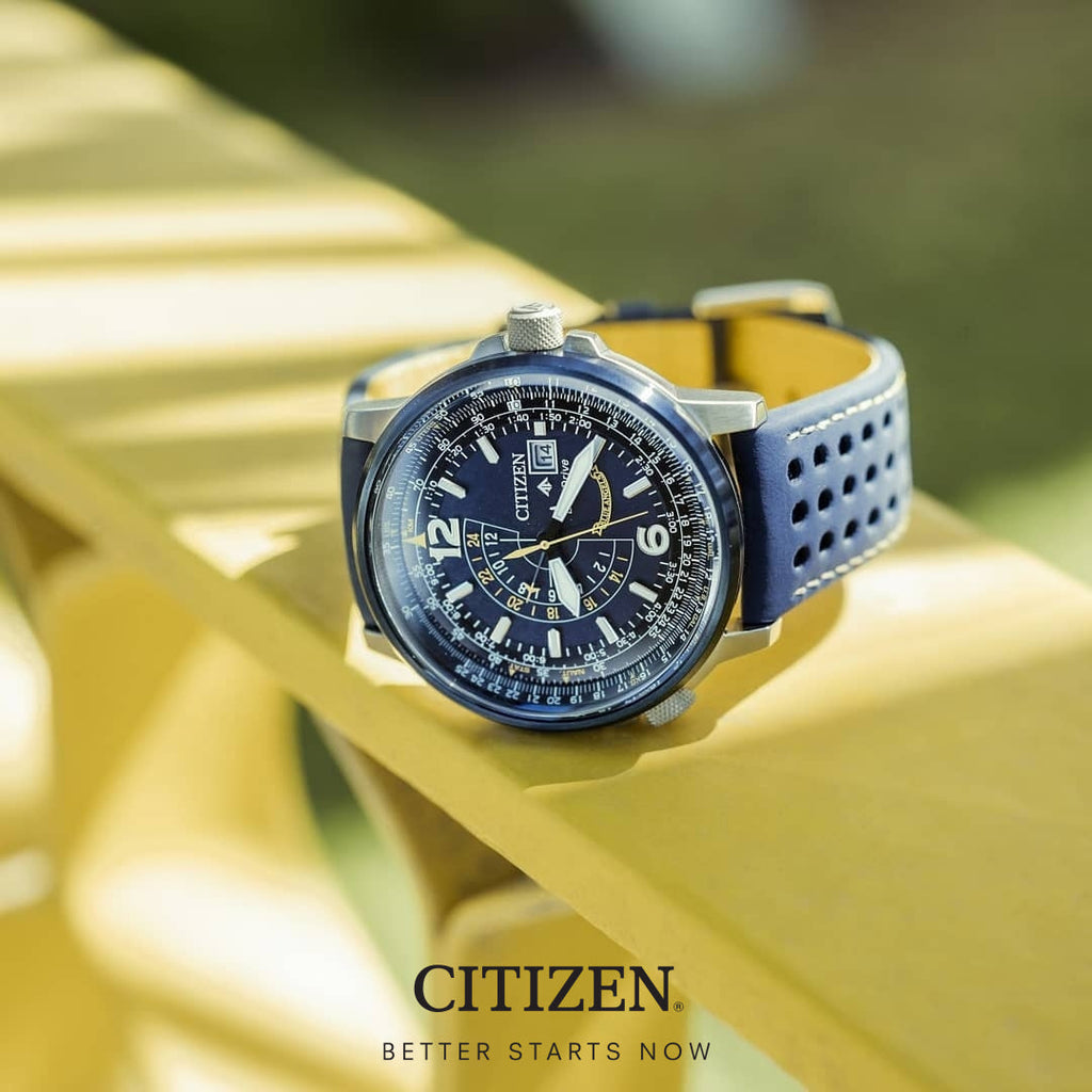 CITIZEN Eco-Drive BJ7007-02L – BOLD ADVENTURER SERIES: Stilvolle Herrenuhr mit blauem Zifferblatt und Lederarmband