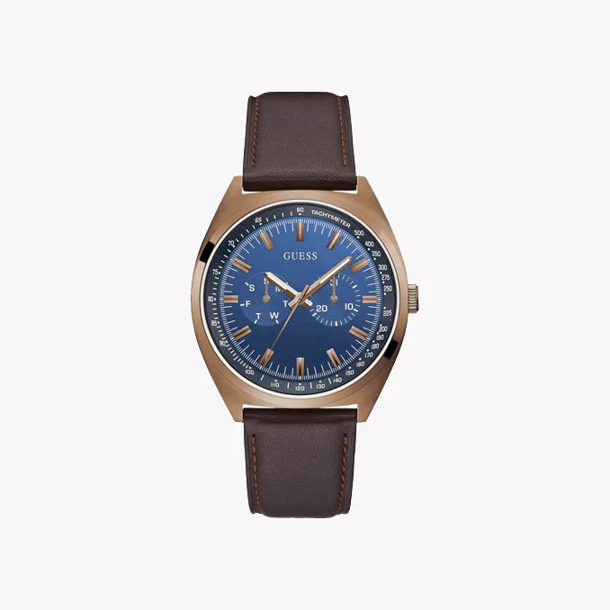 GUESS GW0212G2 ROSE GOLD TIMEPIECE - STUNNING BLUE DIAL & BROWN LEATHER STRAP Men's Watch