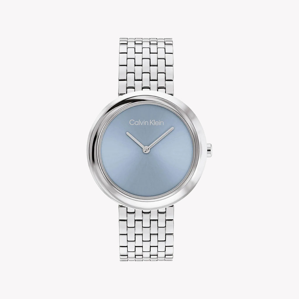 CK CALVIN KLEIN 34MM SILVER STAINLESS STEEL WATCH - MODERN BLUE DIAL ELEGANCE