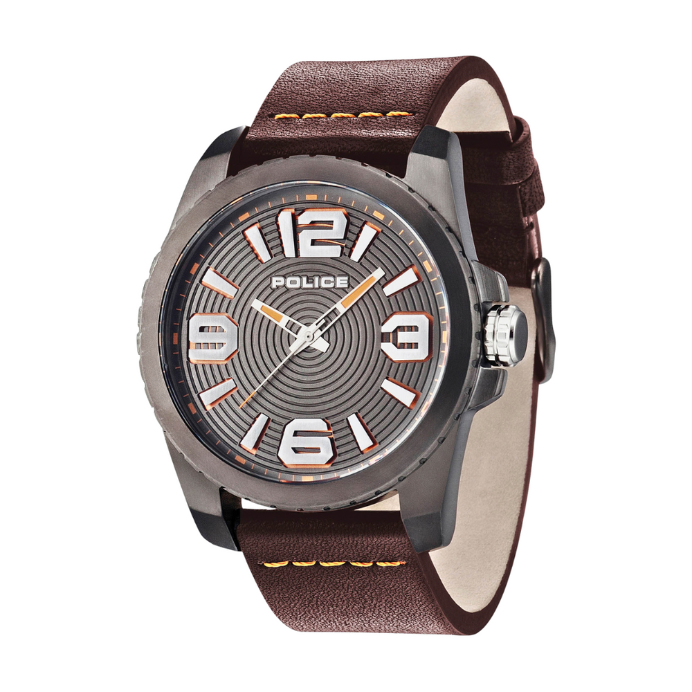 Police Men's Brown Leather Watch, Black Dial | P15000jsu/04 by i-watch