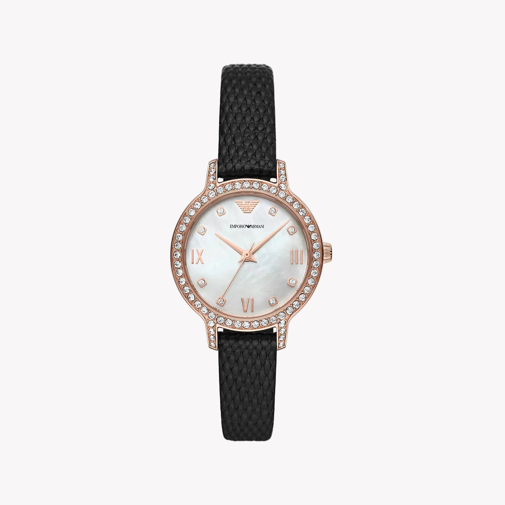 EMPORIO ARMANI AR11485 - ROSE GOLD Elegance & Chic Fusion Women's Watch with Black Leather Band & Silver Dial