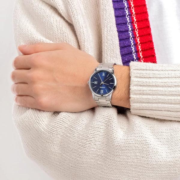 Casio Mtp-V002d-2b3udf - Elegant Sporty Timepiece For Every Adventure Men's Watch With Silver BAnd and Blue Dial by i-watch