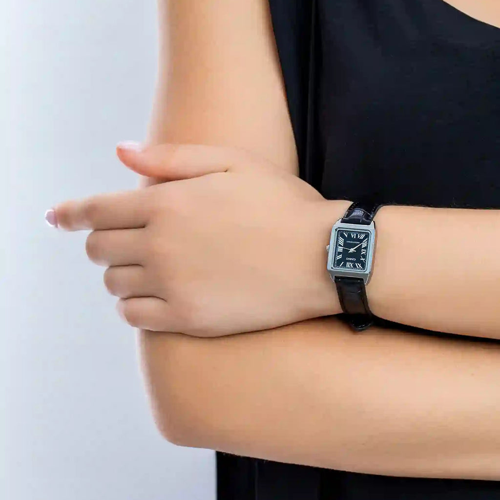 CASIO Women's Watch with Silver Chrome Plated Case and Black Leather Band-i-Watch-2